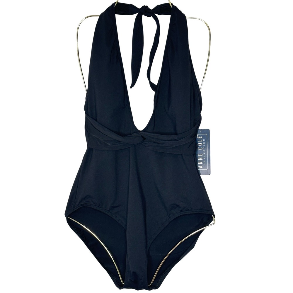 Anne Cole Black Halter Plunge Twist Front One Piece Swimsuit Size 16 NWT